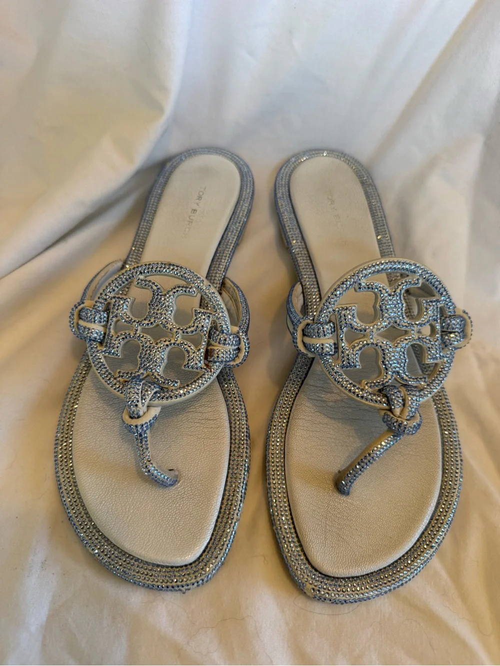 Tory Burch Light Blue rhinestone sparkling Logo Thong Sandals